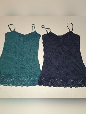 Maurices Top Womens S Y2K Crinkle Lace Trim Tank Cami Fairy Blue Green